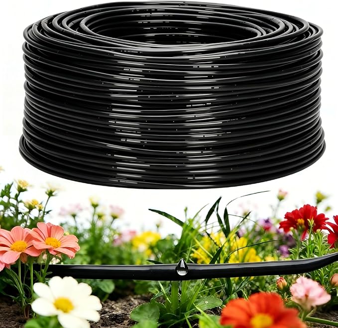 1/4" Drip Irrigation Tubing with 6" Emitter Spacing, (650 Ft Roll) Hydroponics Dripline with Built-in 0.5 GPH Dripper, Saving 80% Water, Drip Line for Greenhouses and Dense Planting Areas (Black)