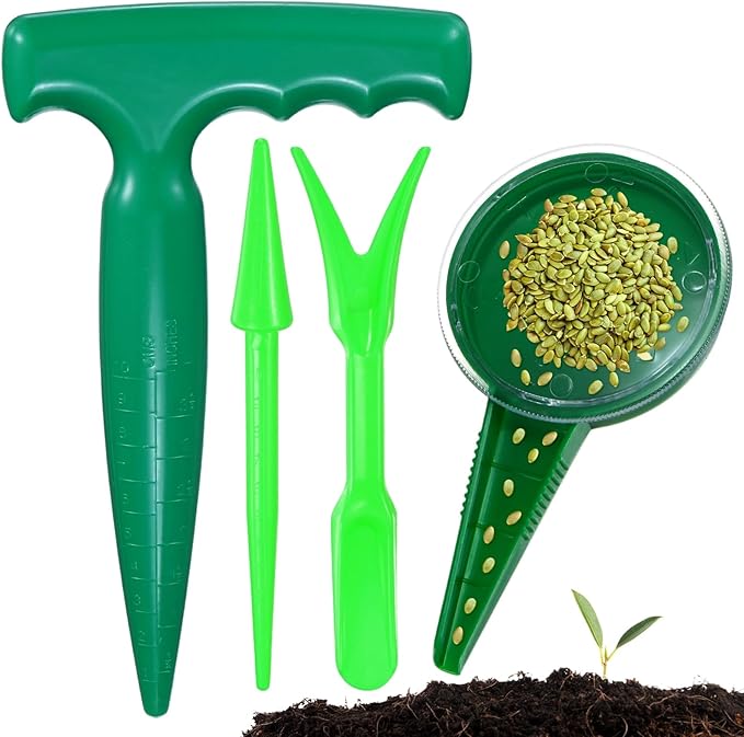 M METERXITY 1-Set Sowing Seeds Dispenser, Plastic Adjustable Hand Planter Seeder Tool Seedlings Dibber and Widger for Transplanting/Flower Planting, Small Gardening Tools [Light Green]