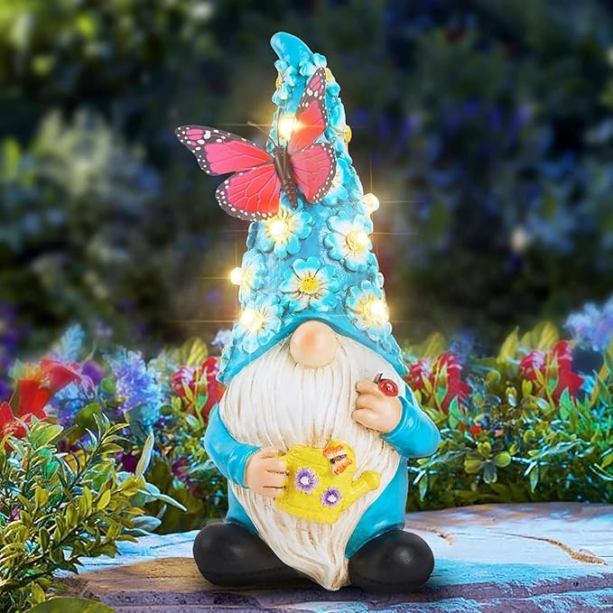 Garden Gnome Statues Outdoor Decor Solar Gnomes with Butterfly on LED Lighted Flowers, Resin Blue Gnomes Sculpture for Patio Yard Lawn Onament Decoration