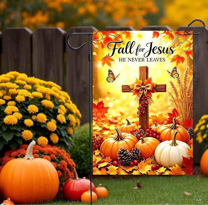 Fall Pumpkin Cross Garden Yard Flags 12x18 Double Sided Outside | Holiday Thanksgiving Fall for Jesus He Never Leaves Pumpkin Cross Outdoor Yard Decoration, Autumn Farm Porch Garden Decor