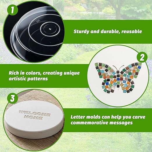 U0U 5PCS Stepping Stone Kit Includes 11.8 inch Round Concrete Molds, Mosaic Tiles and Carving Tools,DIY Garden Stepping Stone kit for Kids,Family,Outdoor Walkways Pavement Decoration(No Concrete Mix)