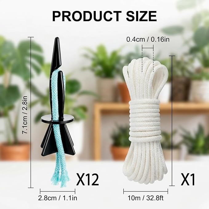 Self Watering Spikes for Indoor Plants, Automatic Plant Watering System for Vacation Care and Office Maintenance, 13-Piece Set with 12 Spikes and Absorbent Cotton Rope