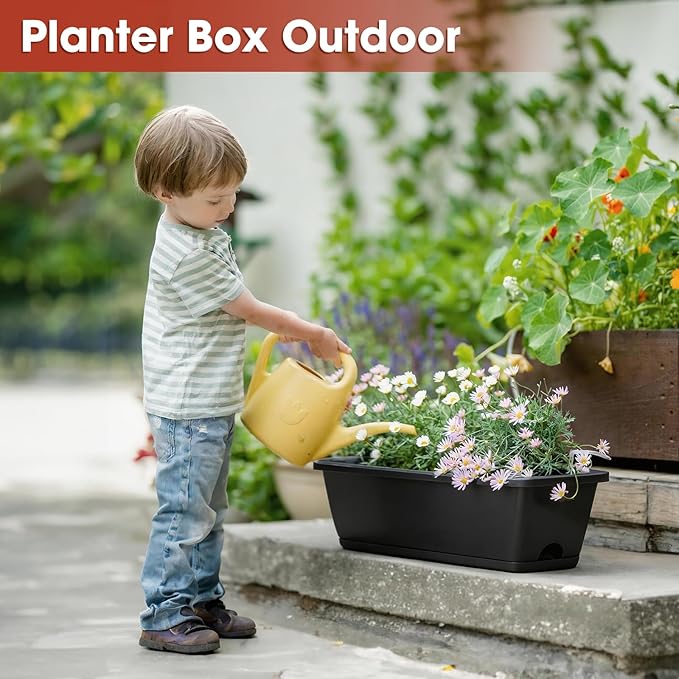 Rectangle Planters Box, 4 Pack Deck Hanging Planters for Railings, Window Box Planter with Drainage Holes & Trays, 16.9 Inch Balcony Planters Railing Hanging with Metal Brackets, Black