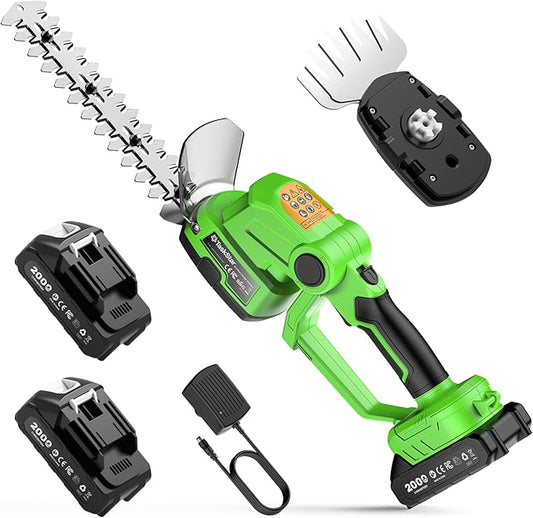 TaskStar 2-in-1 Hedge Trimmer Cordless: 20V Electric Bush Trimmer & Grass Shears - 2 PCS Rechargeable Battery, SK5 Blade, Rotating Handle, Lightweight Shrub Grass Clippers for Garden Yard Lawn