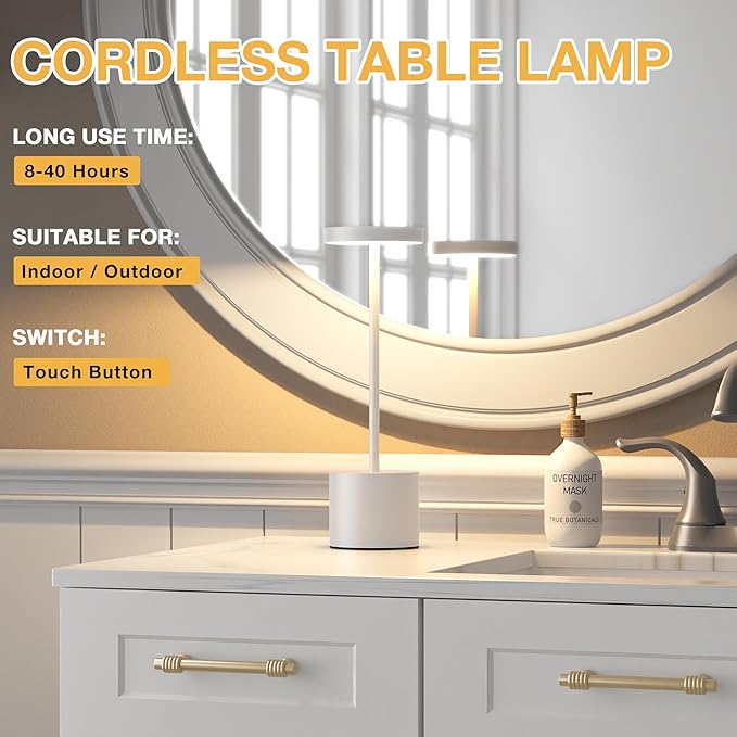 Kakanuo White Cordless Lamp Set, Rechargeable Lamp, 3 Color Temperature, LED Outdoor Wireless Lamps, Battery Operated Lamps, Stepless Dimmable, Touch Control
