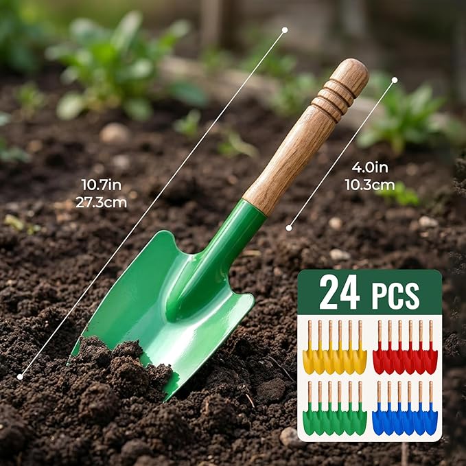 24 Pack Shovels for Kids Gardening Tools Mini Metal Garden Shovel with Wooden Handle Outdoor Sand Digging for Toddlers Beach Soil Planting 4 Colors
