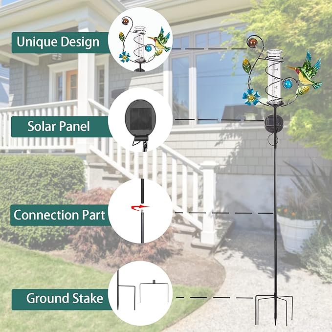 35'' Hummingbird Rain Gauge Outdoor - Solar Rain Gauges with LED Light for Yards, Lawns, Pathway, Patio (Colorful)