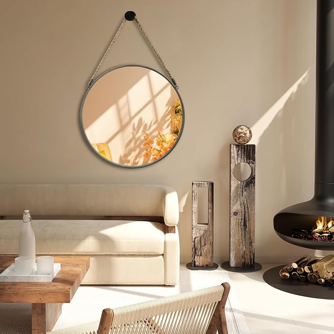 POZINO Round Hanging Mirror, 20 Inch Circle Wall Mirror with Rope, Grey Metal Frame Farmhouse Decorative Mirrors for Entryway, Living Room, Fireplace, Bedroom, Bathroom