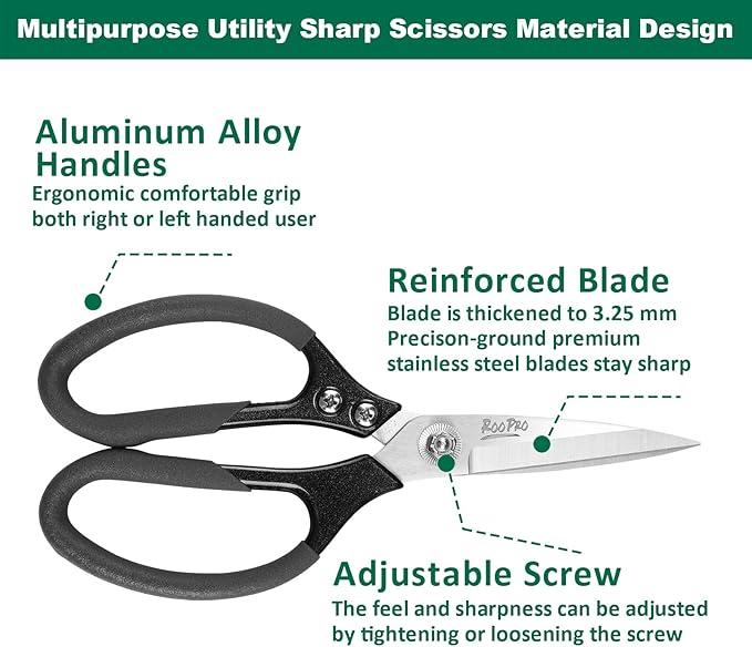 Heavy Duty Scissors All Purpose, 8.5 inch Stainless Steel Utility Sharp Shears, Aluminum Alloy Handle for Cutting Cardboard,Carpet,Fabric,Leather,Rope,Rubber,Plastic and Kitchen or Workshop Use