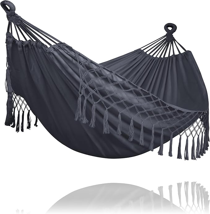 SUNCREAT Hammocks Outdoor Camping Double Hammock with Tassel, Fabric Hammock for Backyard, Dark Gray