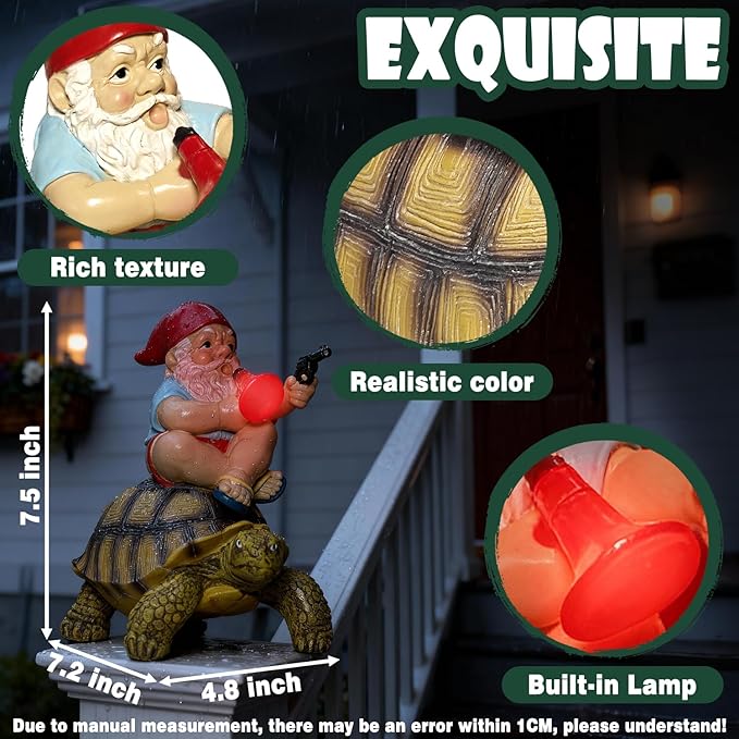 Funny Garden Gnomes Tortoise Decorations for Yard Statue with Solar Lights Outdoor Sculpture Decor