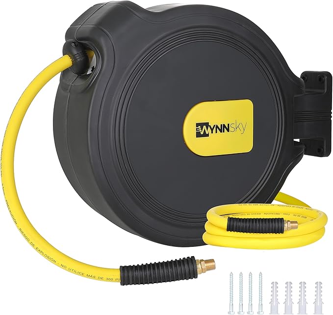 Automatic Retractable Enclosed Air Compressor Hose Reel with 3/8 inch x 50 ft Hybrid Air Hose for Workshop Garage, 180° Swivel Bracket, 300PSI