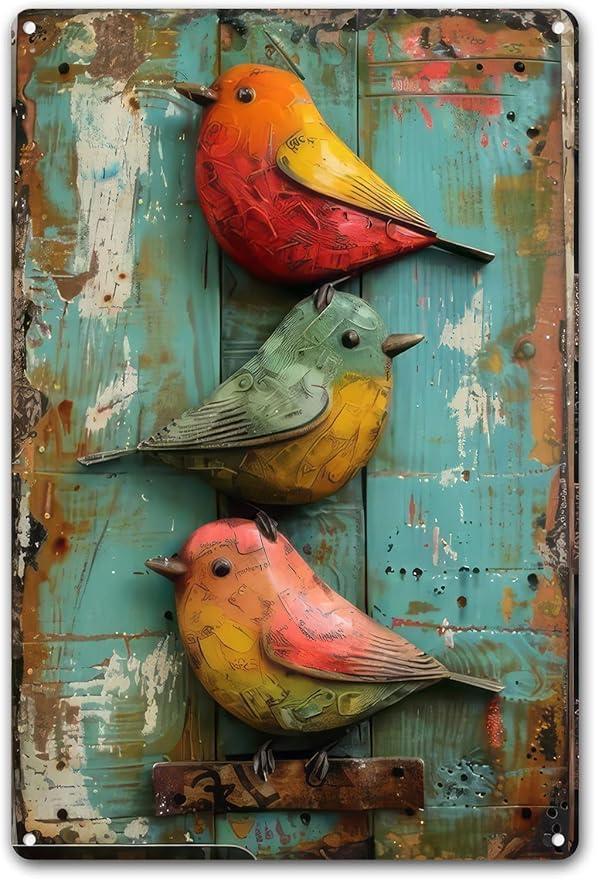 Vintage Cute Birds Metal Sign Retro Bird Tin Plate Wall Decor Rustic Tin Painting for Home Bedrooms Yard Bars Pubs Gardens Patios Porches 8x12 Inch （Non-3D Printing）