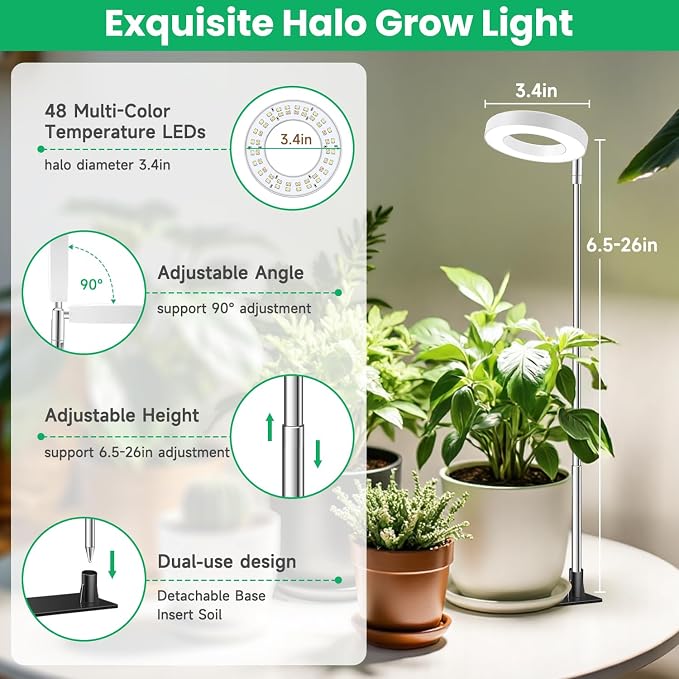 Aokrean Grow Lights for Indoor Plants,Full Spectrum Plant Lights for Indoor Growing with 3/9/12H Timer, 3 Color Modes, 10 Brightness, 6.5"-26" Height Adjustable Small Grow Light, 2 Pack(3.4in)