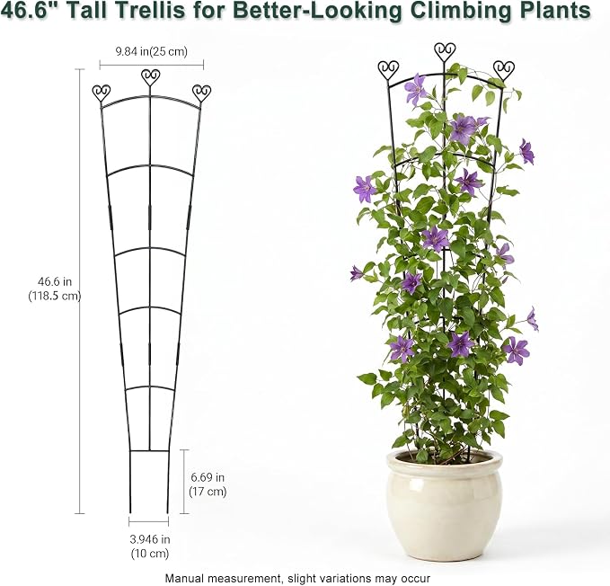 46.6" Tall Plant Trellis for Climbing Plants Indoor Outdoor, Durable Metal Trellis for Potted Plants, Adjustable Climbing Plant Support for Vines, Clematis, Morning Glories, Ivy, Black, 2 Pack