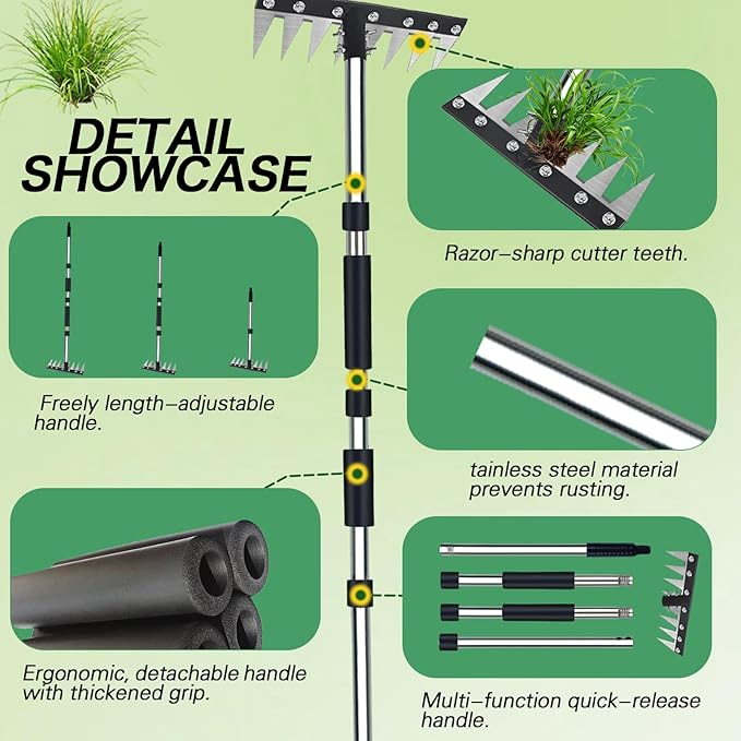 Upgraded 8 Tines Stainless Steel Weeding Tool, Thickened Version Manual Weeder Rake, Weeder Rakes with Adjustable Length Handle, Garden Weed Puller Tool for Weeding Loosen The Soil and Collect Fallen