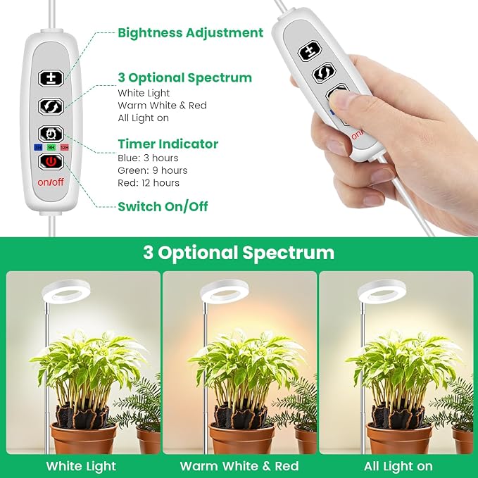 Aokrean Grow Lights for Indoor Plants,Full Spectrum Plant Lights for Indoor Growing with 3/9/12H Timer, 3 Color Modes, 10 Brightness, 6.5"-26" Height Adjustable Small Grow Light, 2 Pack(3.4in)