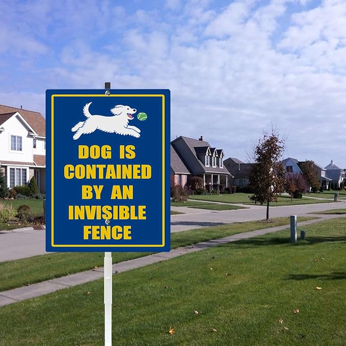 Dog Is Contained by An A Invisible Fence Yard Sign With Stake Reflective Aluminum Rustproof Attention Garden Lawn Dog Sign Stand For Home Garden Street Decorations Outdoor (8x12) IN