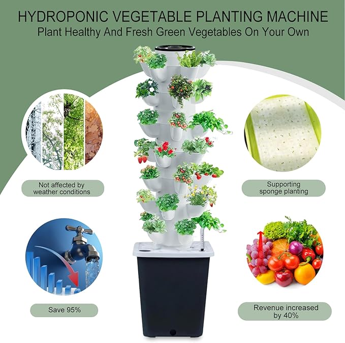 Hydroponics Tower Indoor Growing System Vertical Garden Planter Indoor Smart Garden Kit with Pump and Movable Water Tank Vegetable Plant Gift for Gardening Lover (Gray)