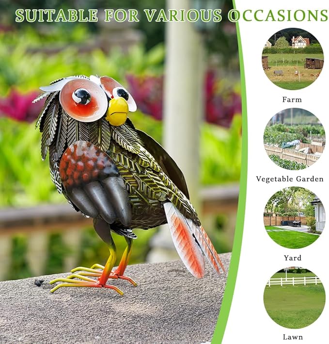 Metal Owl Garden Statue, 9'' Funny Owl Figurine Outdoor Yard Art Decor, Waterproof Owls Decor for Garden, Lawn, Backyard (Grey)