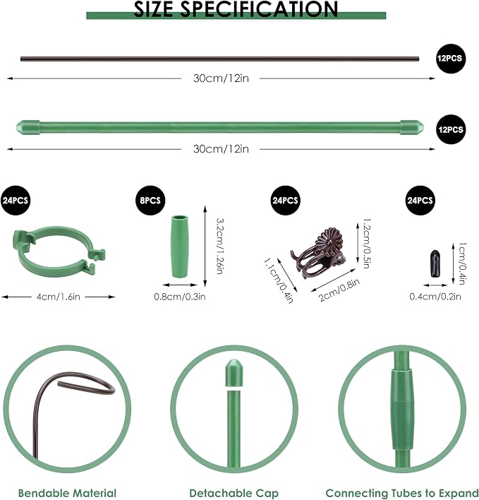 24 Pcs Adjustable Plant Support Stakes Kit for Indoor Plants, 12 Inch Orchid Sticks and Clips Set Bendable Single Stem Support Sticks, Small Plant Stakes for Garden Potted Plants Orchid Rose Peony