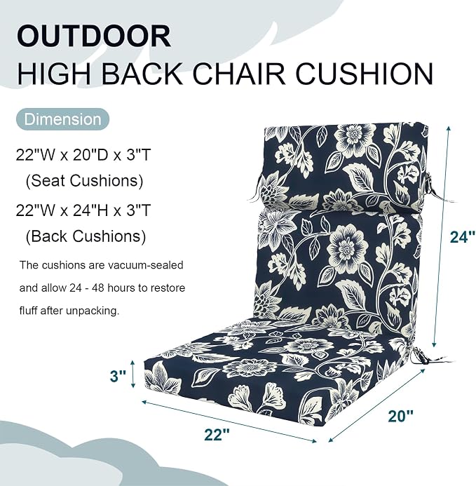 DYTXIII Outdoor High Back Chair Cushions Set of 2, 44"x22" Water Repellent Patio Seat Cushions with Elastic Sponge, All Weather Chair Pads for Rocking, Dining Chairs, Patio Furniture - Vines Navy