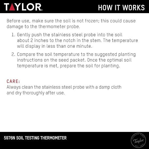 Taylor Soil Testing Thermometer, Gardening Tool for Plant Care, Gardening, Lawn, Farm, Outdoor Use, 4" Inch Stem