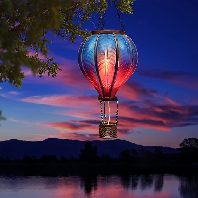 TERESA'S COLLECTIONS Hot Air Balloon Solar Lantern for Garden Decor, Flickering Flame Hanging Solar Light for Outdoor Decorations, Blue & Purple Plastic Lamp for Yard Tree Porch Party, Gift for Mom