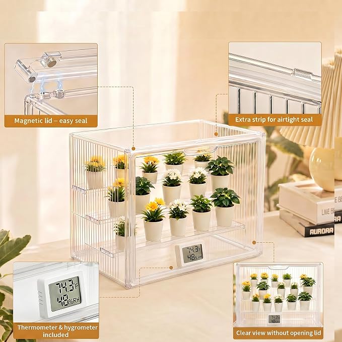 Mini Greenhouse Indoor Clear, Small Portable Tabletop Greenhouse with Indoor Greenhouse Door Thermometer and Hygrometer for Seed Starting, Plant Cabinet Grow Warmer and Home Gardening Display
