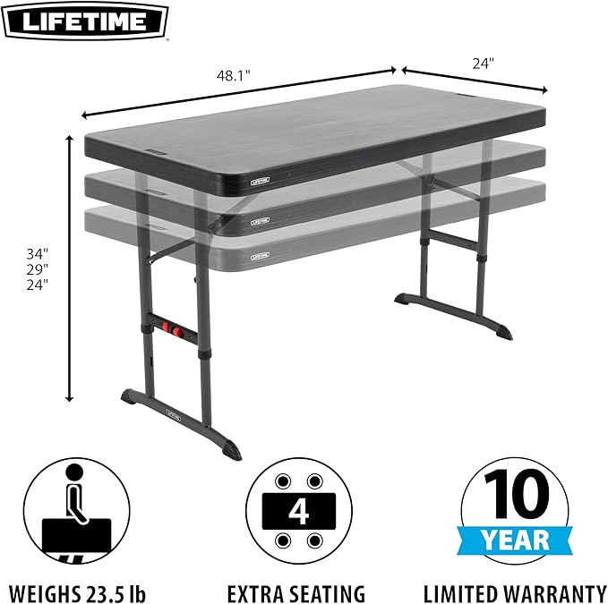LIFETIME 4-Foot Commercial Adjustable Folding Table, Black