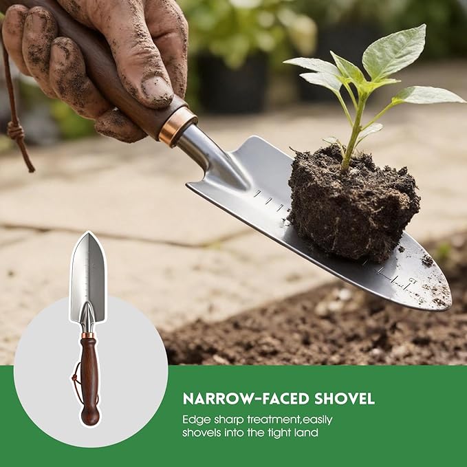 Garden Tools, 4 Pack Garden Shovel with Wooden Handles Hand Tools with Transplanting Hand Shovel, Rake and Root Picker Ideal for Digging and Planting