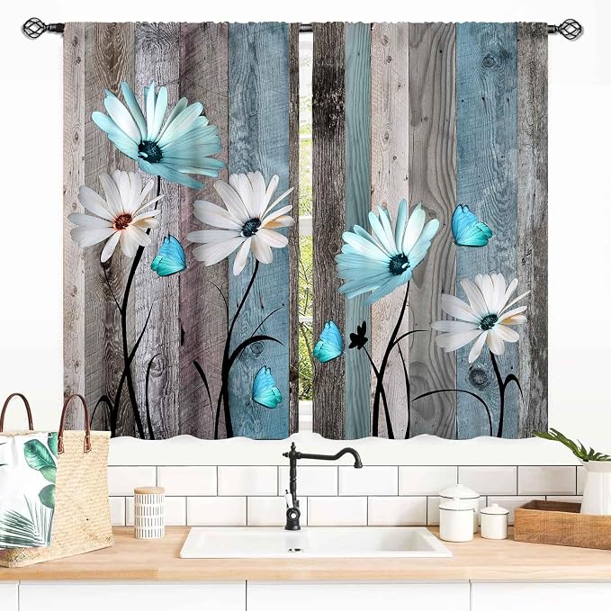 Farmhouse Daisy Curtains, Rustic Wooden Flower Retro Teal White Floral Spring Butterfly Rural Country Style Small Short Window Curtains for Living Room Bedroom Kitchen Bathroom 2 Panels, 55x39 Inch