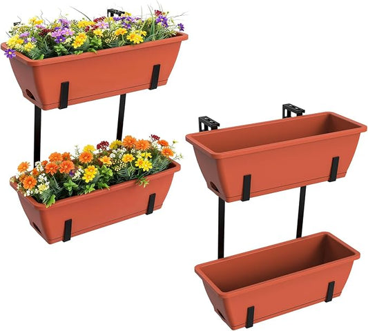Rectangle Planters Box, 4 Pack Deck Hanging Planters for Railings, Window Box Planter with Drainage Holes & Trays, 16.9 Inch Balcony Planters Railing Hanging with Metal Brackets, Red