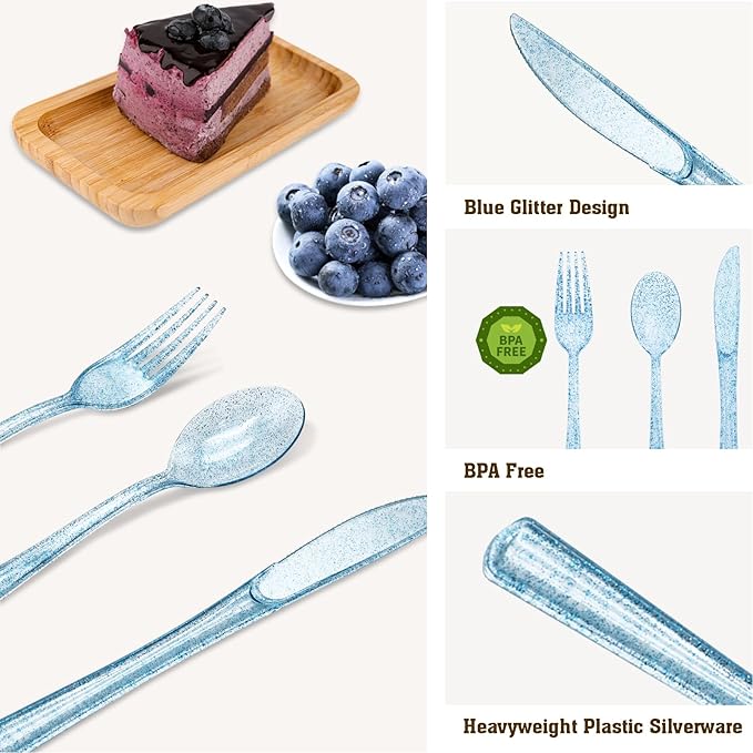 100 Pcs Blue Plastic Forks Blue Glitter Silverware Heavy Duty Plastic Utensils Disposable Cutlery Set for Brithday, Baby Shower, Picnic
