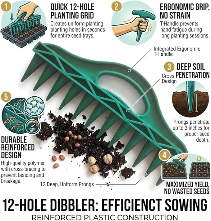 Hand Seeding Punch,Multifunctional Soil Spacer for Planting Seeds,12 Holes Seedlings Dibber,Portable Gardening Tools