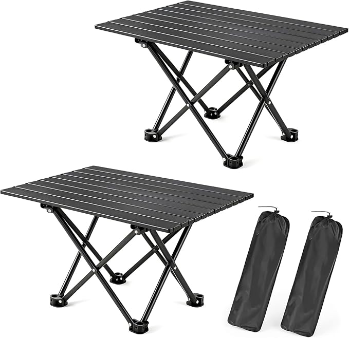 2 Pack Portable Camping Table Foldable, Ultralight Small Folding Beach Table with Carry Bag for Outdoor Travel, Beach, Camp, Picnic, BBQ, Cooking, Festival, Boat, Home Use (Black-L)