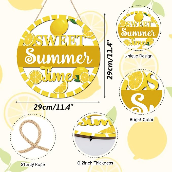 HOURIA 3D Lemon Wooden Door Sign,Sweet Summer Time Welcome Wreath Sign Front Door Decor,Summer Lemon Decorations for Home Kitchen Classroom,11.4"X11.4"