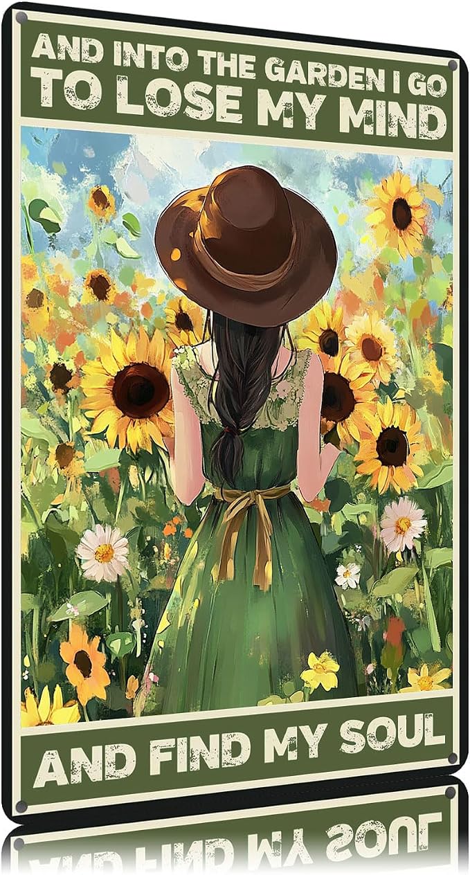 And Into The Garden I Go To Lose My Mind Sunflower Metal Sign Vintage Tin Sign Funny Wall Decor for Yard Garden Fence Living Room Kitchen 12×8 Inch