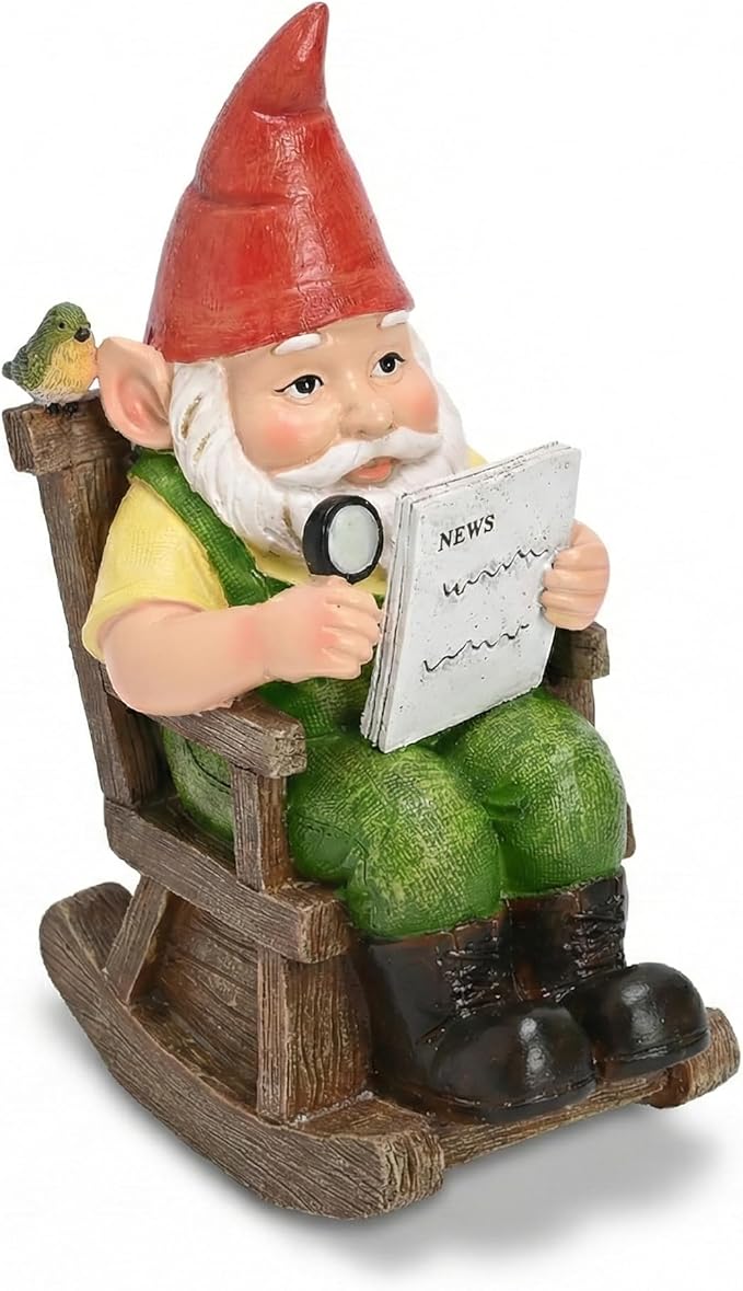 TERESA'S COLLECTIONS Garden Outdoor Decor,Gnomes Sitting in a Rocking Chair Reading a Newspaper，Gnomes Garden Decor, Waterproof Resin Garden Statue, Garden Gift, Indoor/Outdoor, 6"