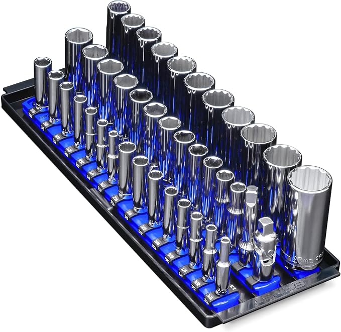 Ernst Manufacturing 8491 Socket Boss Multi-Drive Socket Organizer Tray with 13” Socket Rails, Blue – Drive Socket Storage Tray for Automotive Service Technician’s Toolbox - Made in USA