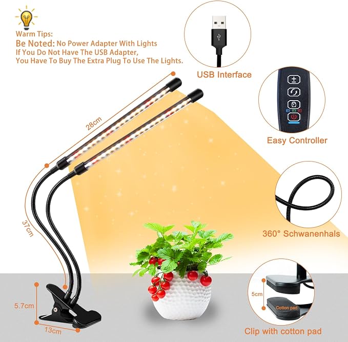 SDOVUERC Grow Lights for Indoor Plants, Full Spectrum LED Plant Lamps with Clips and 3m Cables for Seeding Growing(2 Pack)
