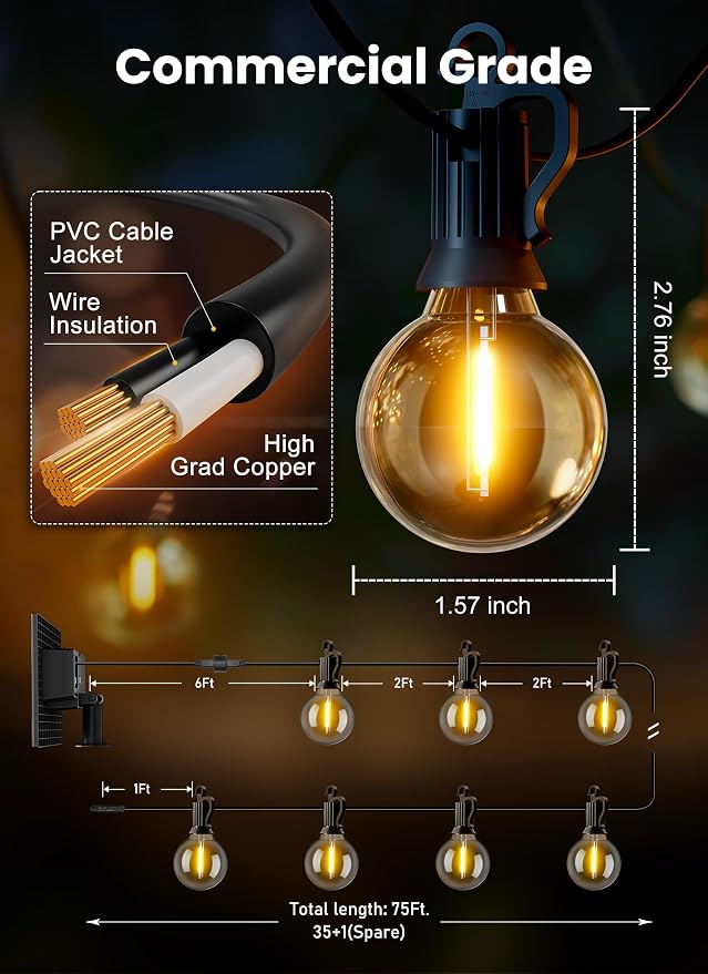 Brightown 75FT 36LED Solar String Lights Outdoor with Remote & USB Port, Shatterproof Bulbs, Dimmable & Timable, 3 Modes, Patio Lights Solar Powered with Mount Clips for Camping Backyard Garden Decor