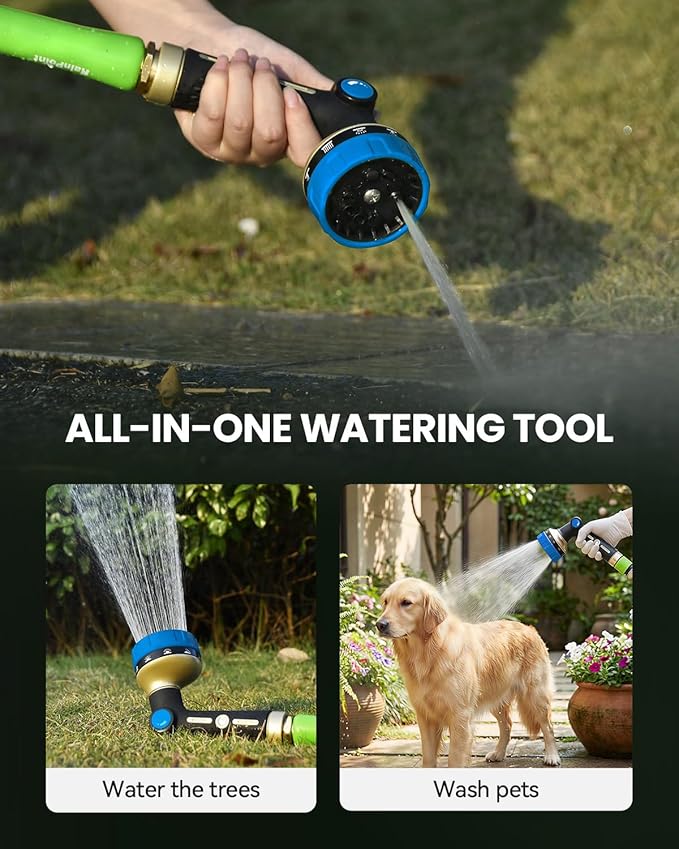 RAINPOINT Garden Hose Nozzle Heavy Duty - 100% Metal Thumb Control Spray Nozzles for Garden Hose High Pressure, 10 Patterns Water Hose Nozzle for Car Wash, Watering Lawn and Pets, Blue