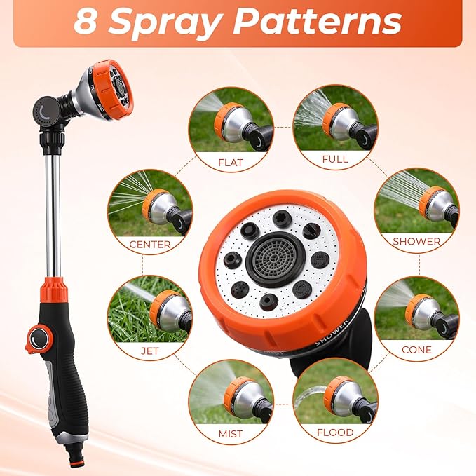 Chumia 2 Pack Metal Watering Wand with 8 Adjustable Spray Patterns 18'' Hose Nozzle Sprayer Heavy Duty 180° Rotating Thumb Control Watering Wand for Garden Lawn Hanging Baskets Orange Blue