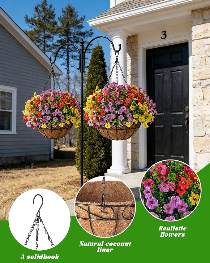 TDHDIKE Artificial Faux Fake Hanging Flowers Plants Basket for Summer Outdoor Outside Decoration UV Resistant Fake Silk Colorful Daisy Eucalyptus for Porch Patio Balcony Yard Garden Home