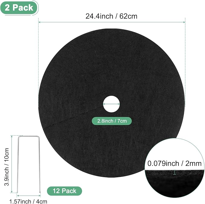 M METERXITY 2-Pack Non-Woven Tree Mulch Ring, 24.4 Inch Reusable Tree Protector Mat W 12 Garden Stakes for Landscape Control Plant Root Protection Tree Ring Weed Fabric Cover [Black]