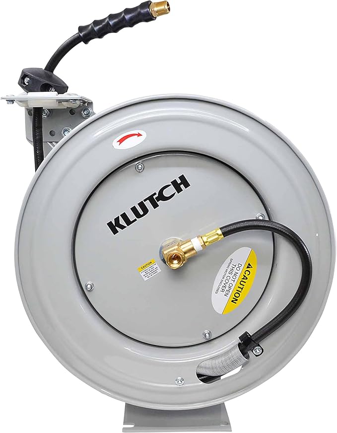 Klutch Auto-Rewind Air Hose Reel with 1/2-Inch x 50-Foot Rubber Hose - 300 PSI Max, Gray Wall-Mount Reel for Pneumatic Air Tools