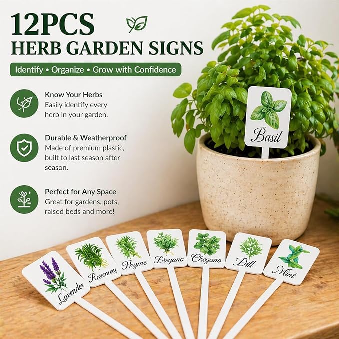 12Pcs Herb Garden Signs - 12 Styles Plant Labels with Names for Vegetables, Indoor/Outdoor Garden Decoration