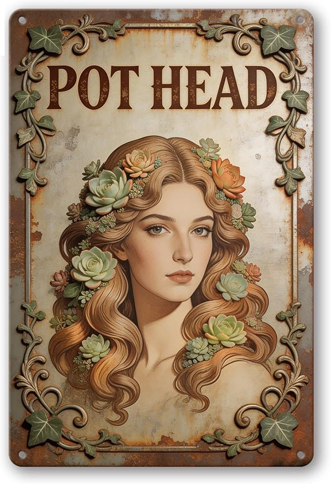 2D Flat Funny Garden Signs, Pot Head Vintage Garden Decor, Outdoor Wall Decor for Patio Yard Greenhouse Home, Waterproof Garden Gifts 8x12 Inch