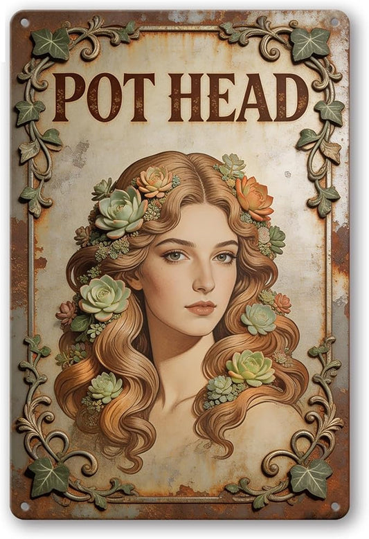 2D Flat Funny Garden Signs, Pot Head Vintage Garden Decor, Outdoor Wall Decor for Patio Yard Greenhouse Home, Waterproof Garden Gifts 8x12 Inch